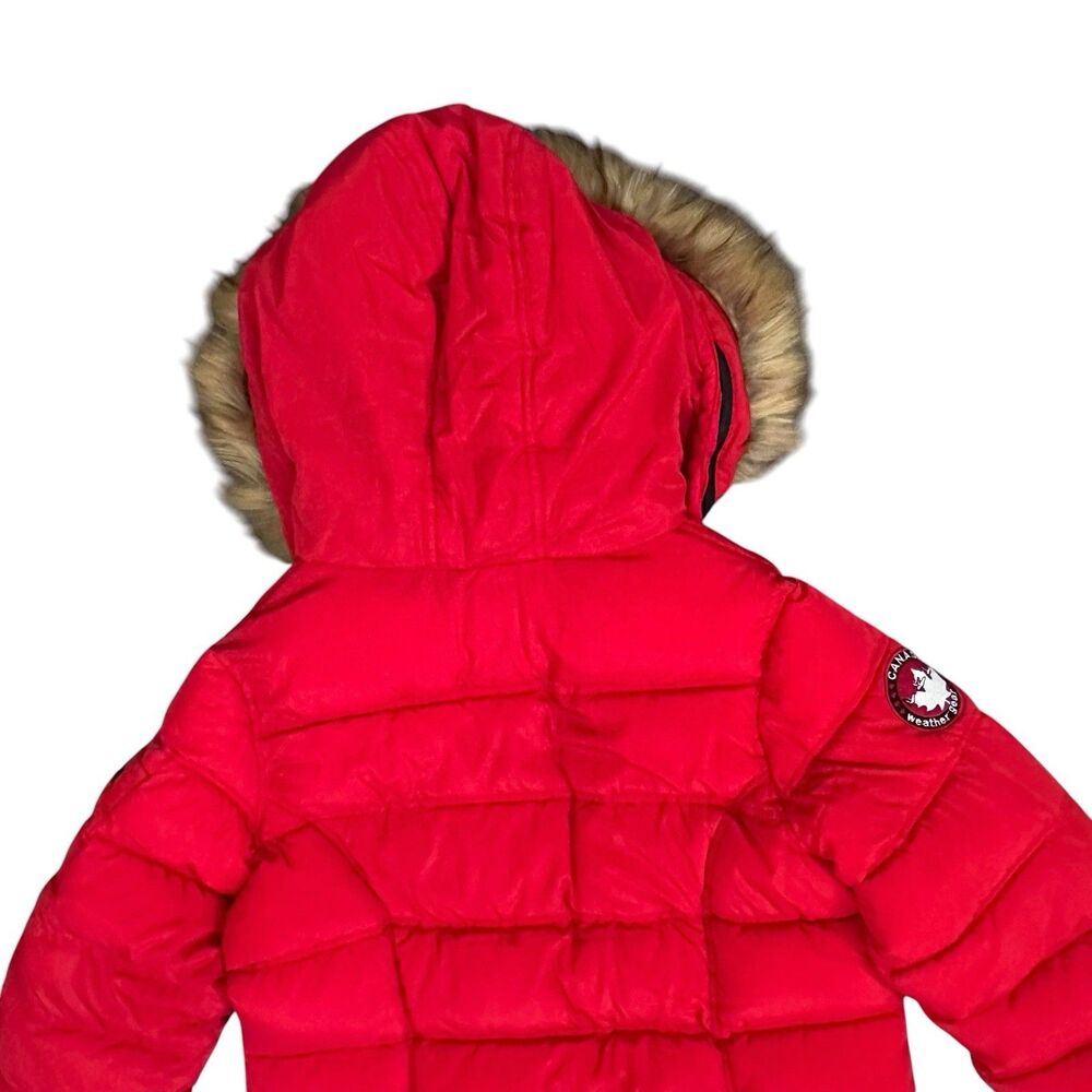 Canada Weather Gear Coat Womens L Red Puffer Parka Hooded Faux Fur Long EUC - Picture 8 of 12